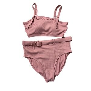 LYSA Swim Ribbed High Waist Bikini Set Plus‎ Size 3X (26W) Rose Gold Buckle